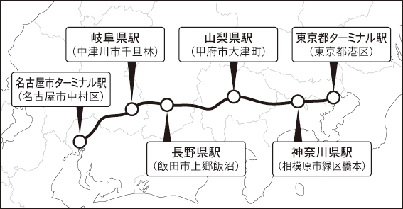 リニア中央新幹線の停車駅とルート（2027年、東京～名古屋間）
